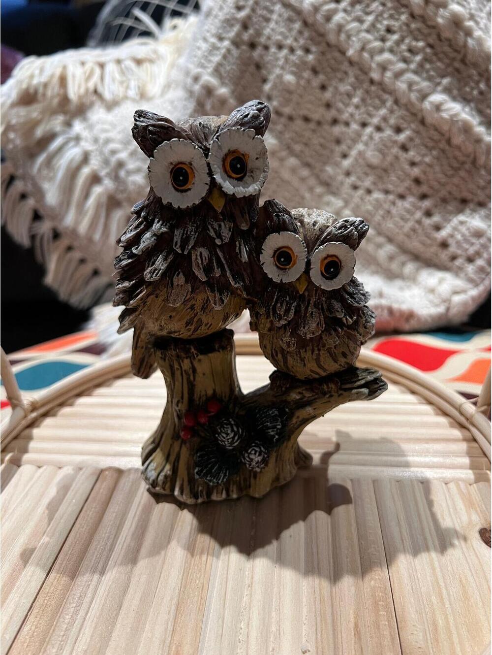 Rustic Owl Figurine Two Owls on Tree Stump with large eyes